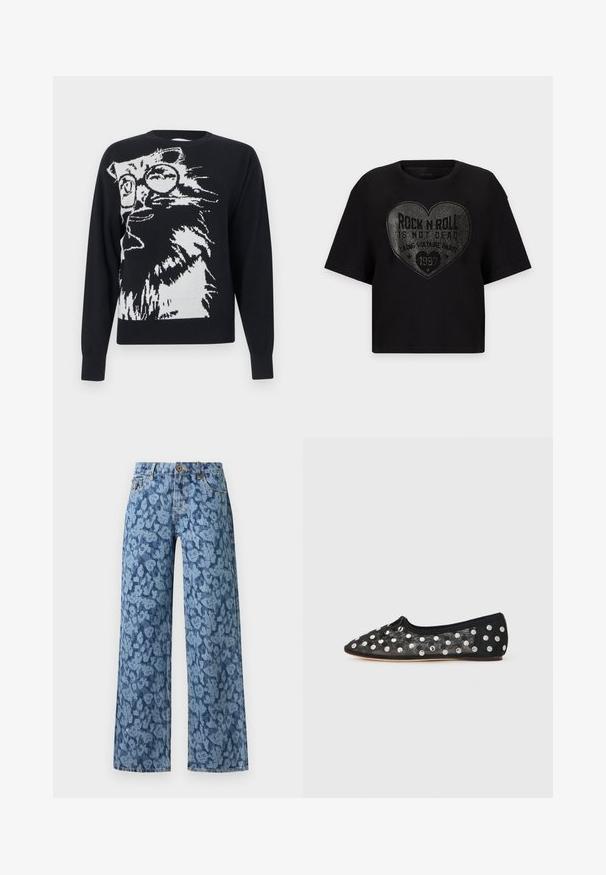 Pull noir avec un grand motif blanc représentant un chat portant des lunettes rondes, tourné vers la gauche, à l'avant.; T-shirt noir à manches courtes avec un grand motif en clous argentés en forme de cœur et la phrase "Rock n Roll is not dead" centrée sur le devant.; Jean en denim bleu à jambes larges avec motif floral bleu clair, bouton à l'avant, passants pour ceinture, et cinq poches.; Chaussure plate noire à bout pointu, en maille avec de grands pois argentés, et un petit nœud à l'avant. Tissu texturé.