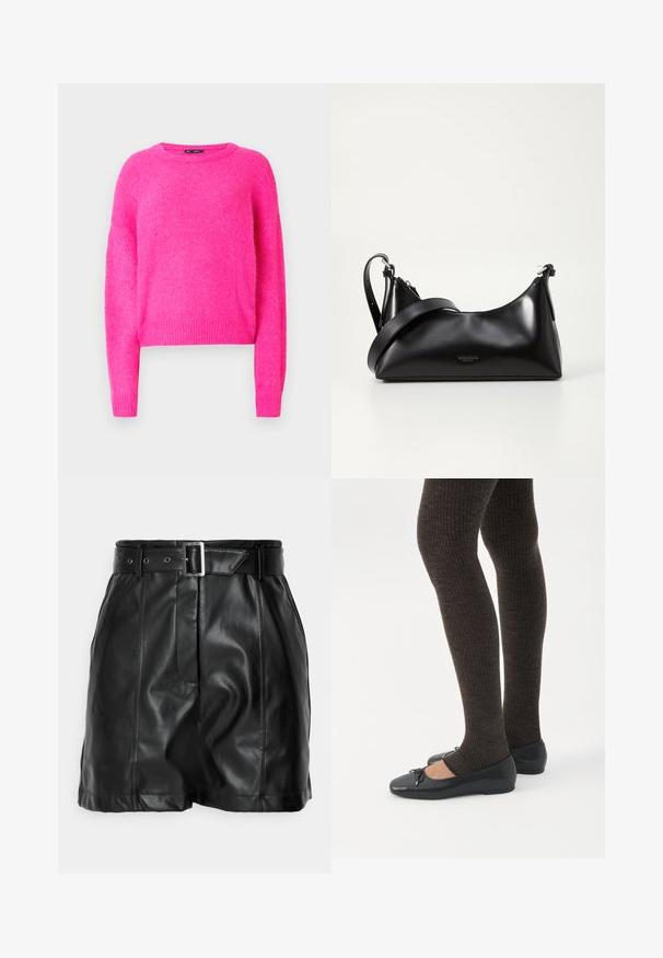 Fuchsia strikket sweater med lange ærmer og rund halsudskæring. Blød tekstur, kort design med ribbet kant og manchetter.; Sorte lædershorts med en glat overflade, høj talje og et bredt bælte med en rektangulær sølvspænde. Plisseret design foran.; Ben iført mørke ribbede leggings kombineret med sorte balletsko med små sløjfedetaljer på hvid baggrund.; Sort læderhåndtaske med en glat tekstur. Har en justerbar stropp og et enkelt, minimalistisk design med lynlås.