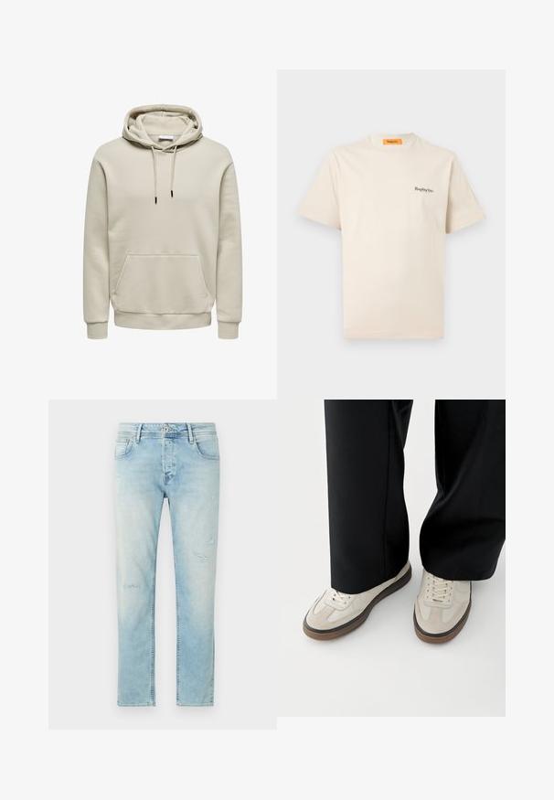 Bežová mikina s kapucňou so šnúrkami, klokanie vrecko, rebrované manžety a lem, zobrazená na bielom pozadí.; Replay Inc. ESSENTIAL LOGO UNISEX - Základné tričko - ivory; Svetlomodré rifľové nohavice s rovnými nohavicami, vybavené vyblednutým vzhľadom, opotrebovaním a štýlom s piatimi vreckami. Zapínanie na kovové gombíky.; Nohy v béžových teniskách s hnedými podrážkami a čierne široké nohavice na bielom pozadí.
