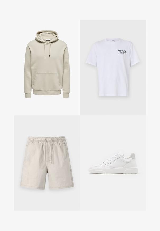 Beige hættetrøje med snore, kængurulomme, ribkanter ved ærmer og kant, vist på hvid baggrund.; Hvid bomulds T-shirt med korte ærmer og rund hals. Printet på venstre bryst siger "REPUBLIQUE FRANCAISE" i mørkegrøn tekst.; Beige shorts lavet af letvægtsstof, med elastisk talje, snoretræk og sidelommer med kontrasterende syninger.; Hvide lædersneakers med en glat finish, rund tå, flade snørebånd og en struktureret sål. Grå ruskindsdetalje ved hælen.