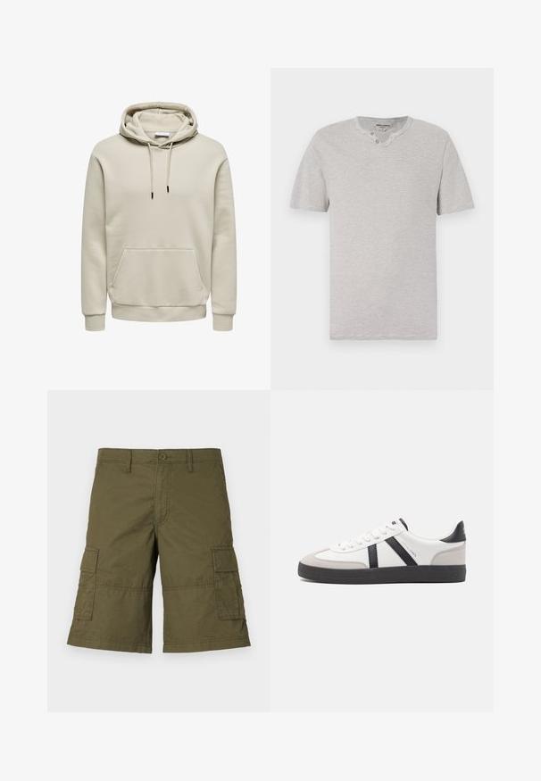 Beige pullover hoodie met trekkoordjes, kangoeroezak, geribde boorden en zoom, getoond op een witte achtergrond.; Korte mouwen, grijs en wit gestreept T-shirt met een ronde kraag en twee-knopen detail bij de halslijn. Zachte stof met een casual pasvorm.; Olijfgroene cargoshorts met knoopsluiting, meerdere zijzakken en gestikte details. Gemaakt van duurzame stof met een relaxte pasvorm.; Witte sneaker met zwarte en grijze accenten, voorzien van een grijze neus met textuur, zwarte rubberen zool en platte witte veters. Schoon ontwerp, minimalistische stijl.