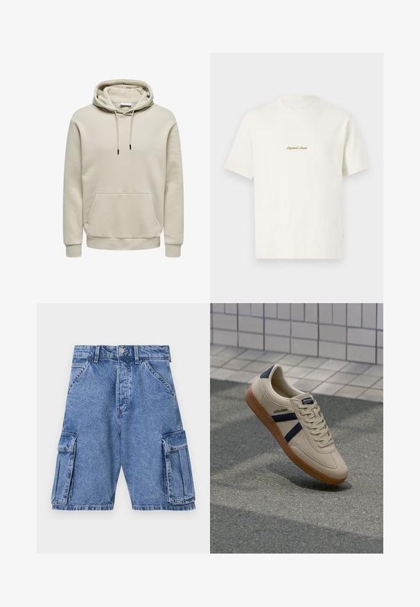 Beige hættetrøje med snore, kængurulomme, ribkanter ved ærmer og kant, vist på hvid baggrund.; Cremefarvet bomulds T-shirt med korte ærmer, rund hals og broderet "Original Studio" logo i guld på brystet. Blød tekstur.; Blå denim cargo shorts med høj talje, flere cargo-lommer på siderne og en klassisk femlomme-design. Stenvasket tekstur.; Beige sneaker med struktureret overflade, marineblå striber og gummisål. Har en polstret tunge og traditionelt snørresystem for en sikker pasform.