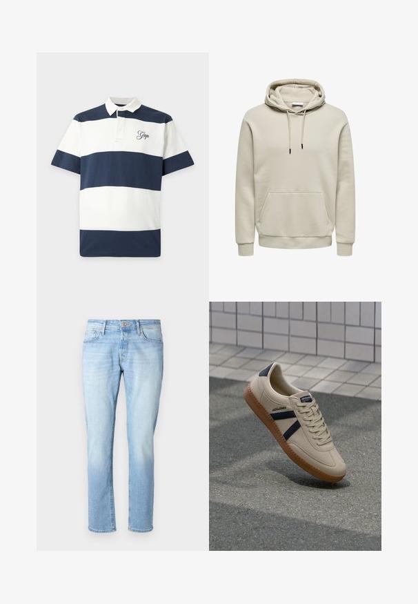 Sweat à capuche beige avec cordons, poche kangourou, poignets et ourlet côtelés, présenté sur fond blanc.; Polo manches courtes avec larges rayures horizontales bleu marine et blanches et logo "Gap" brodé sur la poitrine gauche.; Jean en denim bleu clair avec une coupe droite, style cinq poches et un bouton en cuivre à la taille. Texture décolorée vers le bas.; Baskets beiges avec une finition texturée, bandes navy et semelle en caoutchouc. Équipées d'une languette rembourrée et d'un système de laçage traditionnel pour un maintien sécurisé.