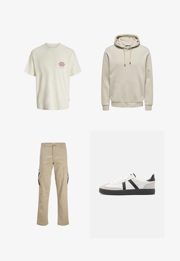 Sudadera con capucha beige con cordones, bolsillo canguro, puños acanalados y dobladillo, mostrada sobre fondo blanco.; Camiseta blanca de manga corta con el texto rojo "Edición de Studio Originals" en el lado izquierdo del pecho, exhibida sobre un fondo gris neutro.; Pantalones cargo beige con cierre de botón, trabillas para cinturón y grandes bolsillos de solapa en ambos muslos, mostrados planos sobre un fondo blanco.; Zapatilla blanca con acentos en negro y gris, que presenta una puntera texturizada en gris, suela de goma negra y cordones planos blancos. Diseño limpio, estilo minimalista.