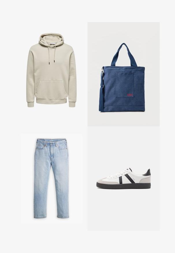 Beiger Pullover-Hoodie mit Kordelzug, Kängurutasche, gerippten Bündchen und Saum, auf weißem Hintergrund dargestellt.; Helle blaue Denim-Jeans mit geradem Bein, im Fünf-Taschen-Stil und kontrastierenden Nähten. Knopf- und Reißverschluss an der Taille.; Weiße Sneaker mit schwarz- und grau-aczenten, ausgestattet mit einer strukturierten grauen Zehenkappe, schwarzer Gummi-Sohle und flachen weißen Schnürsenkeln. Sauberes Design, minimalistische Stil.; Blauer Canvas-Einkaufstasche mit Vordertasche und roter "O.N.S" Stickerei, ausgestattet mit zwei Griffen und einem verstellbaren Schulterriemen.