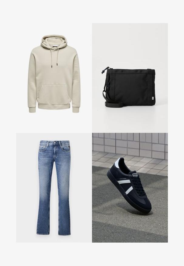 Beiger Pullover-Hoodie mit Kordelzug, Kängurutasche, gerippten Bündchen und Saum, auf weißem Hintergrund dargestellt.; Helle Blaujeans aus Denim mit einem ausgestellten Bein-Design, das fünf Taschen, einen Knopfverschluss vorne und dezente Verblassungen aufweist.; Schwarze Leder-Sneaker mit weißen Streifen, strukturiertem Gummisohle und Schnürung. Verfügt über ein Markenetikett auf der Zunge.; Schwarze Stoff-Schultertasche mit texturiertem Äußeren, verstellbarem Schultergurt und Kordelzugverschluss. Verfügt über auffällige Nähte und ein seitliches Etikett.