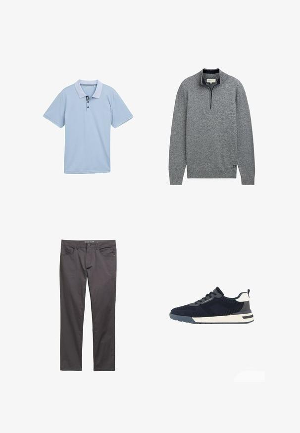 Grauer Pullover mit Reißverschlusskragen, der ein strukturiertes Strickmuster aufweist und einen blauen Akzent am Saum mit einem Logodetail hat.; Helles blaues Polo-Shirt mit einem zweifarbigen Kragen, aufgesetzter Knopfleiste mit drei Knöpfen und kurzen Ärmeln. Hergestellt aus glattem, atmungsaktivem Stoff.; Dunkelgraue Hose aus leichtem Stoff, mit Reißverschluss, fünf Taschen und feinen Steppnähten. Slim-Fit-Design.; Dunkelblauer und grauer Mesh-Sneaker mit weißen Akzenten, Schnürverschluss, seitlichem Markenlogo und einer gepolsterten weißen und grauen Sohle.