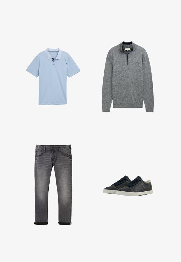 Grå pullover sweater med lynlåskrave, der har et struktureret strikmønster og en blå accent ved kanten med et logodetalje.; Lyseblå polo-shirt med en tofarvet krave, tre-knaps placket og korte ærmer. Fremstillet af glat, åndbart stof.; Grå denim jeans med en lige pasform, der har en klassisk fem-lomme stil, ophøjede manchetter og subtilt slid i stoffet.; Marine læder sneakers med hvide gummisåler, rund tå og sorte snørebånd. Subtile teksturer og branding på siderne. Casual design.