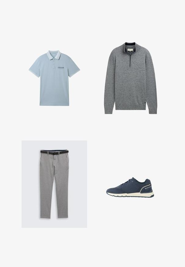 Grå pullover sweater med lynlåskrave, der har et struktureret strikmønster og en blå accent ved kanten med et logodetalje.; Lysblå polo-shirt i blødt stof, med kravehals, to-knap placket og kontrasterende hvid kant på ærmer og krave.; Gråternet bukser med en glat tekstur, udstyret med et sort bælte, sidelommer og en knappet front. Skræddersyet design med en slim fit.; Mørkeblå atletiksko med mesh-overdel, hvid sål, sort ydersål og "Tom Tailor"-logo på hælkappen.