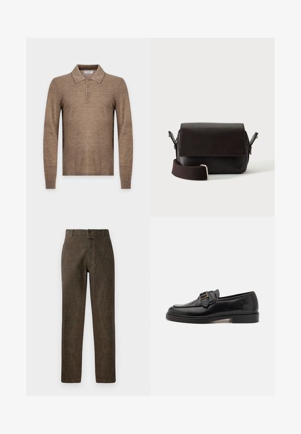 Polo marron en maille à manches longues avec trois boutons et un col, présenté sur un fond clair uni.; Pantalons en velours côtelé marron avec des rayures verticales, une coupe droite et une fermeture à bouton à l'avant. Texture lisse avec un design classique.; Mocassins en cuir noir avec un bout arrondi et une boucle décorative. Talon plat, solide et texture lisse sur l'ensemble.; Sac bandoulière en cuir marron foncé avec fermeture à rabat et sangle en tissu réglable sur fond blanc.