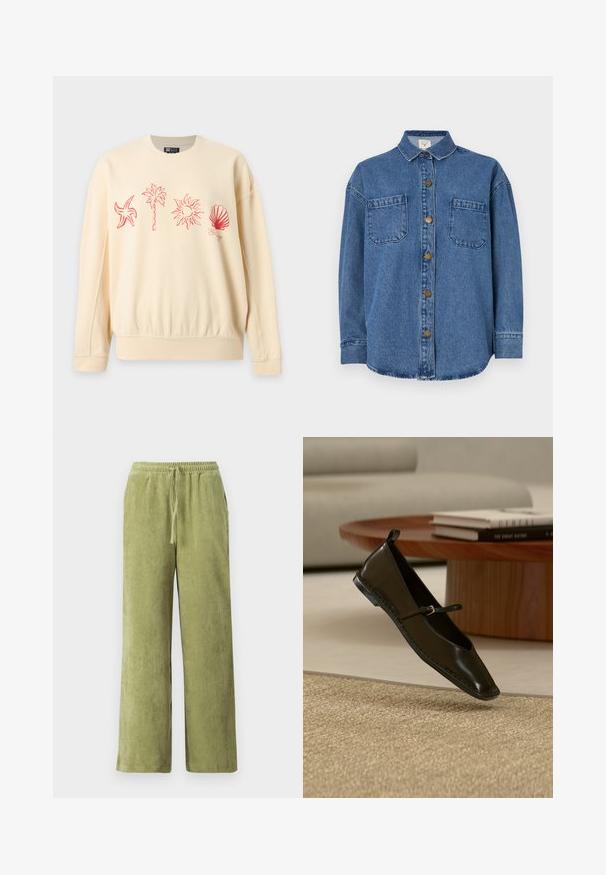 Beiger Pullover mit roten Linienzeichnungen eines Seesterns, einer Palme, der Sonne und einer Muschel über der Brust.; Denim-Hemd in Mittelblau, mit Knopfleiste, zwei Brusttaschen und einem Kragen. Lange Ärmel mit geknöpften Manschetten.; Grüne Cord-Hosen mit weitem Bein, elastischem Bund und Kordelzug. Vertikale Rillen im Stoff schaffen Textur.; Schwarzer Mary Jane Ballerina aus Leder schwebt über einem beigen gewebten Teppich mit einem runden Holztisch und gestapelten Büchern im Hintergrund.