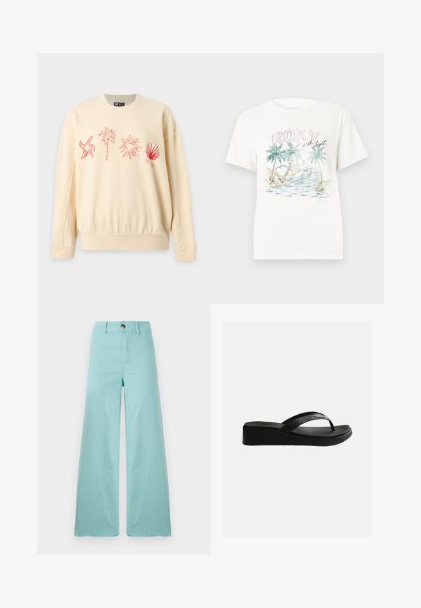 Beige sweatshirt med røde linjetegninger af en søstjerne, en palme, solen og en musling tværs over brystet.; Hvid T-shirt med et tropisk motiv af palmer, havets bølger og teksten "ROXY with heart" i pastel farver på fronten.; Bredde bukser lavet af lyseblå stof med en frynset kant. Har en knaplukning og standard lommer. Glat tekstur hele vejen igennem.; Sort kileformet flip-flop sandal med tekstureret fodseng og tynde stropper med diskret branding på en ensfarvet hvid baggrund.