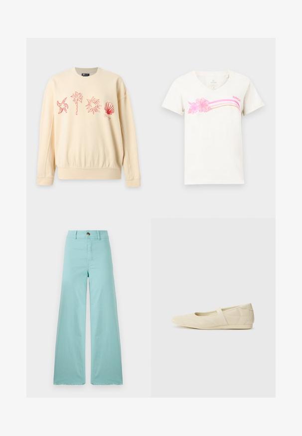 Beige sweatshirt med røde linjetegninger af en søstjerne, en palme, solen og en musling tværs over brystet.; Hvid T-shirt med V-hals med pink og beige striber, pink hibiscusblomster og "Rip Curl"-logo på brystet.; Bredde bukser lavet af lyseblå stof med en frynset kant. Har en knaplukning og standard lommer. Glat tekstur hele vejen igennem.; Lysebrune ballet flats med en glat læderoverflade, mandelformet tå og elastisk rem over vristen, med diskrete syninger.