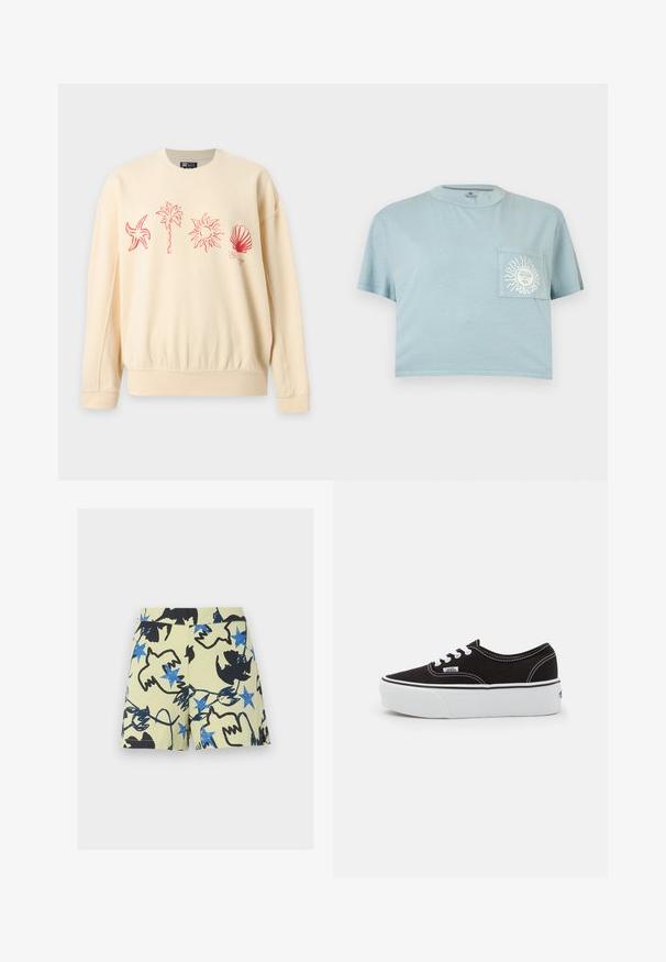 Sweat-shirt beige avec des dessins au trait rouges d'une étoile de mer, un palmier, le soleil et un coquillage sur la poitrine.; T-shirt bleu clair raccourci à manches courtes avec une poche poitrine ornée d'un graphique blanc représentant un soleil et un visage avec le texte "VOLCOM".; Shorts beiges courts présentant un motif abstrait d'oiseaux noirs et d'étoiles bleues dispersés sur le tissu.; Baskets en toile noires avec une semelle en caoutchouc blanc, dotées de lacets et de coutures blanches, marquage emblématique sur le côté, design basse.