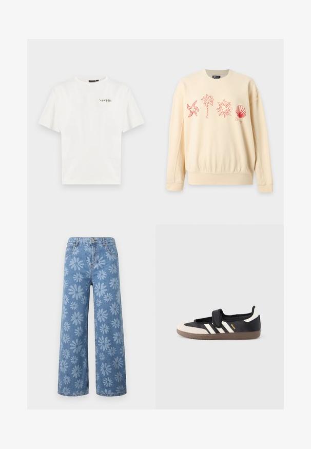 Sweat-shirt beige avec des dessins au trait rouges d'une étoile de mer, un palmier, le soleil et un coquillage sur la poitrine.; T-shirt blanc à manches courtes avec petit logo "Napapijri" sur la poitrine gauche et col rond.; Jean en denim bleu à jambes larges avec un motif floral de marguerites bleu clair, poches avant, passants pour ceinture et fermeture par bouton.; Baskets noires et beiges avec une bride en velcro, trois bandes blanches sur le côté, et une semelle en caoutchouc marron texturée. Logo de la marque visible.