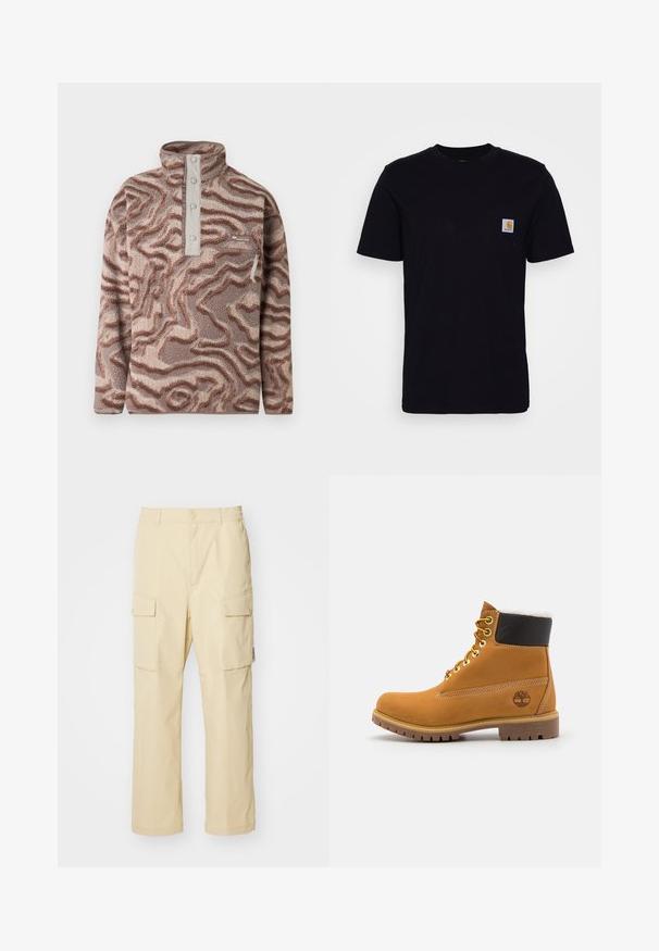 Sudadera de forro polar con diseño marrón y beige, cuello alzado, abertura con botones y bolsillo con cremallera en el pecho sobre fondo liso.; Camiseta de algodón negra con mangas cortas, cuello redondo y un bolsillo en el pecho que presenta un pequeño parche de logo cuadrado. Diseño simple y sólido.; Pantalones cargo beige hechos de tela con cinturilla elástica y cierre de botón. Presenta dos bolsillos laterales y un diseño simple.; Botín de cuero marrón con ojales de metal, forro de piel sintética blanca, cuello acolchado negro, suela resistente y logotipo en relieve en el costado.