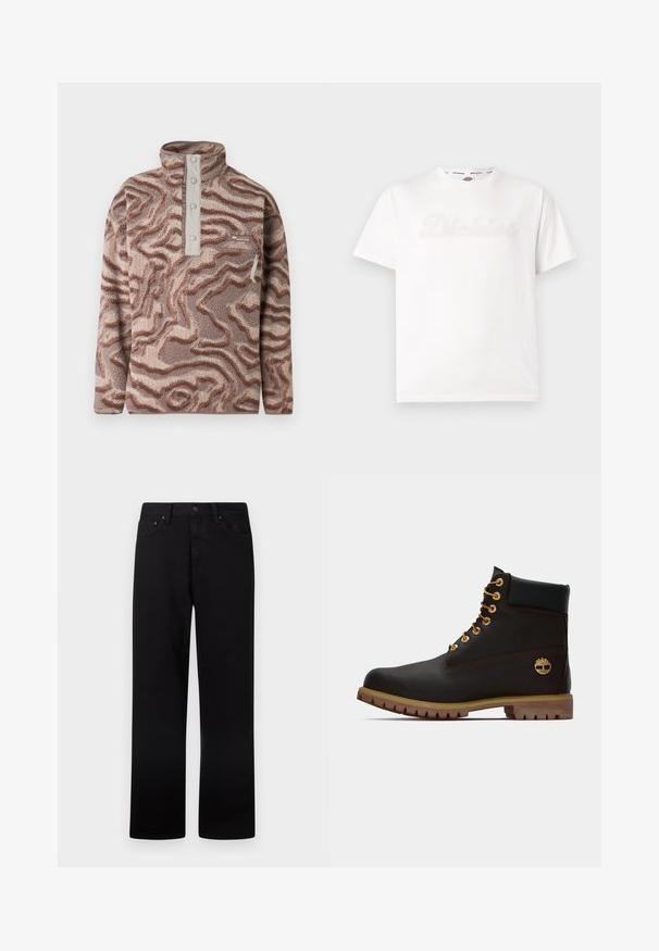 Brown and beige patterned fleece pullover with a stand-up collar, button placket, and zippered chest pocket on plain background.; White short-sleeve t-shirt with subtle embossed "Dickies" logo on front and branded inner collar tape.; Black straight-leg jeans with button and zip closure, belt loops, and front and back pockets, displayed on a white background.; Black leather ankle boot with gold eyelets, brown accents, and a rubber sole. Features a padded collar and embossed logo on the side.