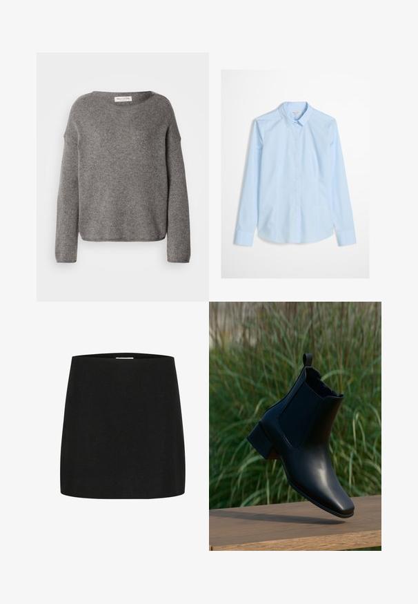 Grå strikket sweater med løs pasform, bred halsudskæring og lange ærmer. Stoffet virker blødt og har en tekstur, der antyder varme.; Lyseblå skjorte med knapper og lange ærmer, klassisk krave og et subtilt logo broderet på brystet. Glat, skarpt stoftekstur.; Sort mini-skjorte lavet af tekstureret stof, med en simpel, lige skæring uden synlige udsmykninger eller mønstre.; Sort læderankelstøvle med blokhæl balanceret på træoverflade, grøn baggrund med højt græs.