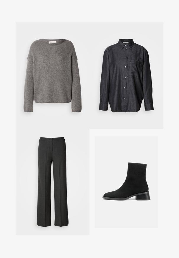 Suéter gris de punto con un ajuste holgado, escote amplio y mangas largas. La tela parece suave, con una textura que sugiere calidez.; Camisa de manga larga de color gris oscuro, hecha de una tela ligera, con cierre frontal de botones, cuello y un bolsillo en el pecho.; Pantalones de pierna ancha en gris oscuro, hechos de tejido texturizado. Cuentan con una cinturilla ajustada y un sutil patrón de rayas.; Botín de ante negro hasta el tobillo con punta redondeada, caña corta y tacón bajo apilado. Textura suave sin patrones ni adornos visibles.