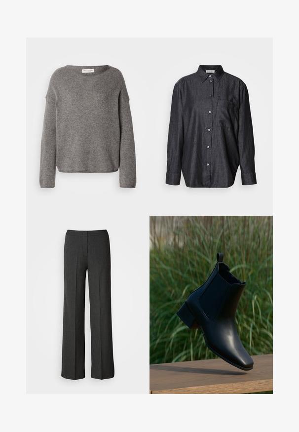 Grå strikket sweater med løs pasform, bred halsudskæring og lange ærmer. Stoffet virker blødt og har en tekstur, der antyder varme.; Mørkegrå langærmet skjorte lavet af letvægtskuffert, med knaplukning foran, krave og en enkelt brystlomme.; Bredde ben bukser i mørkegrå, lavet af struktureret stof. Har en tætsiddende talje og et subtilt nålestribemønster.; Sort læderankelstøvle med blokhæl balanceret på træoverflade, grøn baggrund med højt græs.