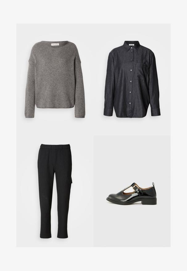 Suéter gris de punto con un ajuste holgado, escote amplio y mangas largas. La tela parece suave, con una textura que sugiere calidez.; Camisa de manga larga de color gris oscuro, hecha de una tela ligera, con cierre frontal de botones, cuello y un bolsillo en el pecho.; Pantalones negros a rayas con un cinturón elástico y diseño de pierna recta. Presenta un bolsillo lateral con tapa, hecho de una tela suave.; Zapato Mary Jane de charol negro con punta redondeada, correa al tobillo, detalle de hebilla dorada y un tacón bajo tipo bloque. Textura suave.