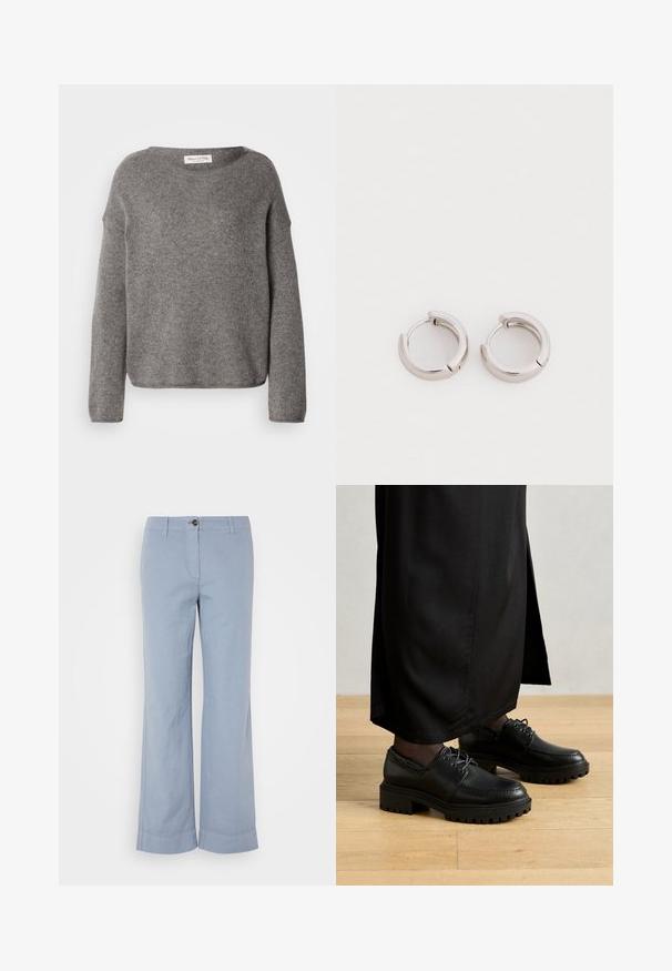 Suéter gris de punto con un ajuste holgado, escote amplio y mangas largas. La tela parece suave, con una textura que sugiere calidez.; Pantalones de lino azul claro con pierna recta, cierre de botón y dobladillo vuelto. Textura suave, diseñados para uso casual.; Zapatos de cuero negro con punta redondeada, suela de goma gruesa y cordones. El diseño presenta un bordado decorativo a lo largo de la parte superior.; Pendientes de aro de metal en tono plateado con forma redondeada y acabado pulido. Cada pendiente cuenta con un cierre articulado para un uso seguro.