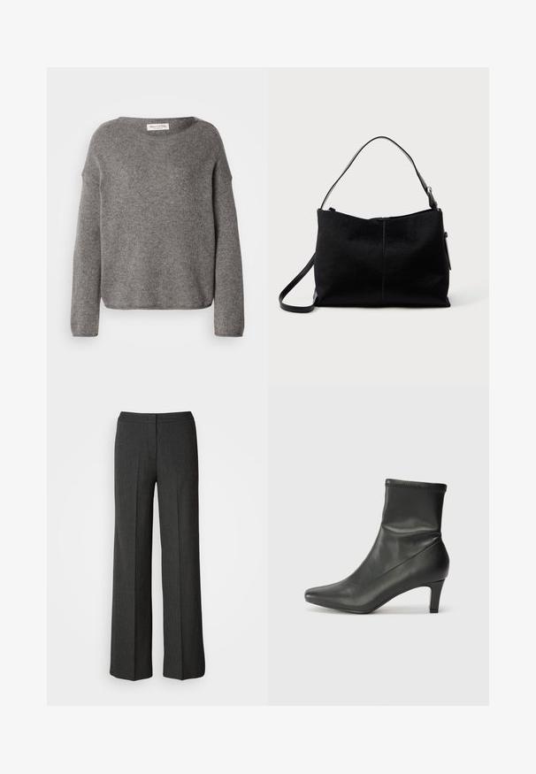 Grå strikket sweater med løs pasform, bred halsudskæring og lange ærmer. Stoffet virker blødt og har en tekstur, der antyder varme.; Bredde ben bukser i mørkegrå, lavet af struktureret stof. Har en tætsiddende talje og et subtilt nålestribemønster.; Sorte læder ankelstøvler med spids tå og 6 cm hæl. Overdelen har en glat tekstur med en tætsiddende design og diskret syning.; Sort skuldertaske med en glat, tekstureret overflade, prydet med en enkelt rem og en lynlåslukning øverst. Kompakt rektangulær form.