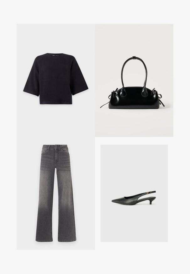 Zwart gebreid topje met korte mouwen, ronde hals en losse pasvorm, weergegeven op een effen lichtgrijze achtergrond.; Grijze denim jeans met wijde pijpen, voorzien van een vervaagde afwerking, klassiek vijfzakkenontwerp, knoopsluiting en contrasterende stikdetails.; Zwarte puntschoen met slingback van soepel leer. Kenmerkt zich door een dunne hak en een gespdetail op de verstelbare band.; Kleine zwarte glanzende handtas met twee lange hengsels en zijkant trekkoord details op een effen lichte achtergrond.