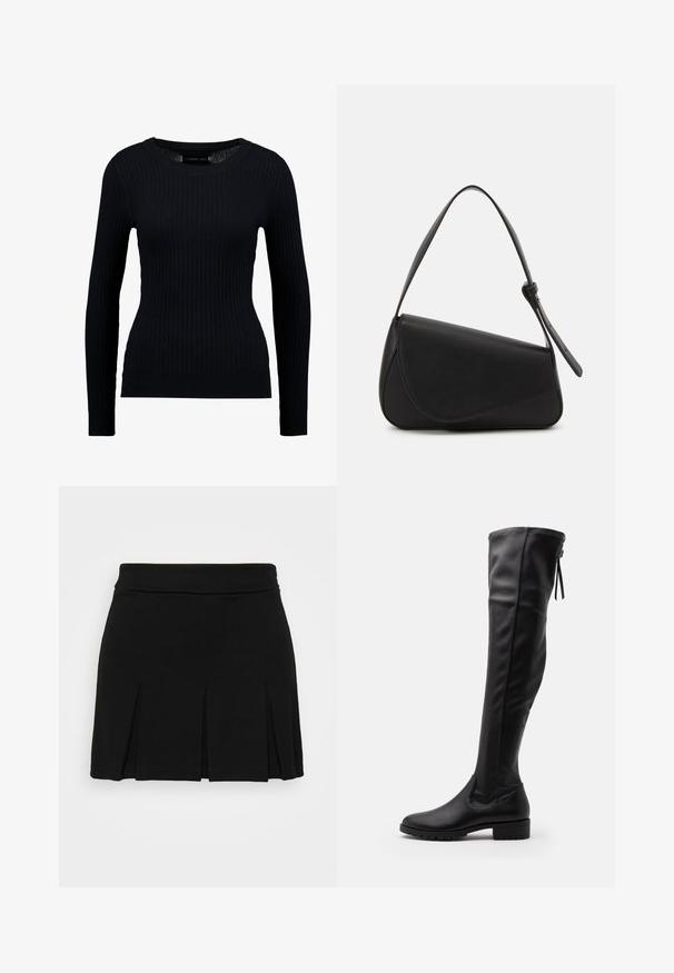 Pull noir à manches longues côtelé avec un col rond et une silhouette ajustée. La texture est lisse avec un léger étirement partout.; Even&Odd Minijupe - black; Bottes noires en cuir montantes avec une texture lisse, bout arrondi et semelle en caoutchouc. Elles présentent un design ajusté et un détail de lien à l'arrière.; Sac à main en cuir noir de forme triangulaire, avec un rabat incliné et une poignée supérieure arrondie. Il présente une texture lisse et des détails de design minimalistes.