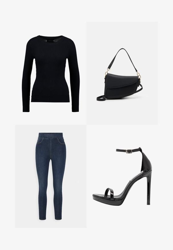 Suéter negro de manga larga con costillas, de cuello redondo y silueta ajustada. La textura es suave con un ligero estiramiento en todo el tejido.; Jeggings de mezclilla azul oscuro con una alta cintura, corte ajustado y un desvanecimiento sutil. Incluyen bolsillos frontales y una textura suave y lisa.; Steve Madden MILANO - Sandalias de tacón - black; Bolso de mano de cuero negro con un acabado texturizado, que cuenta con una sola correa para el hombro y acentos de hardware dorado. El diseño es elegante y minimalista.