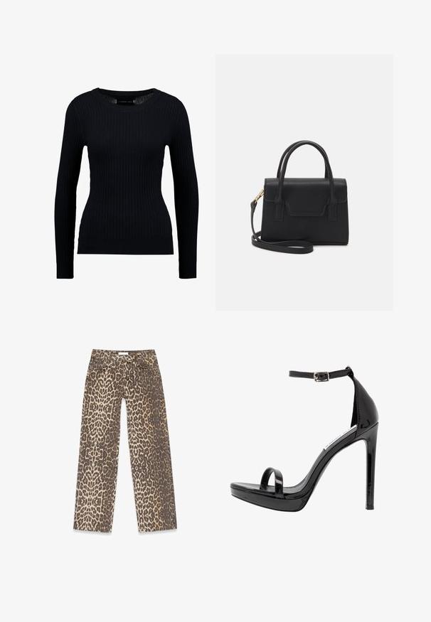 Sort ribbet langærmet sweater med rund halsudskæring og tætsiddende silhuet. Teksturen er glat med en subtil strækbarhed.; Leopardskindede denimjeans med en neutral beige og brun farvepalet, lige ben-design og traditionelle lomme-detaljer.; Steve Madden MILANO - Højhælede sandaletter / Højhælede sandaler - black; Sort struktureret håndtaske lavet af læder med et topgreb, aftagelig skulderrem og detalje med frontklap. Guldhardware accenter.