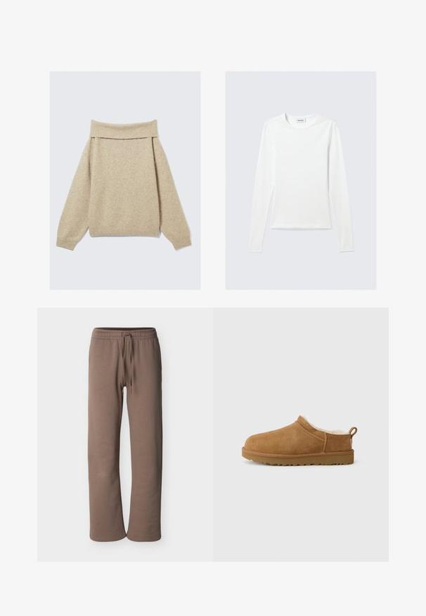 Pull beige décontracté à épaules nues fabriqué en tissu tricoté doux. Présente un large col côtelé et des épaules tombantes. Tissu texturé avec légère variation.; T-shirt blanc uni à manches longues avec col rond et coupe slim, présenté sur un fond gris clair.; Pantalon de survêtement à taille élastique marron avec cordon de serrage, jambes droites et coupe décontractée, présenté sur un fond clair uni.; Chaussure mocassin en suède marron avec une douillette doublure en fourrure blanche, semelle plate en caoutchouc, bout arrondi et petite languette au talon.