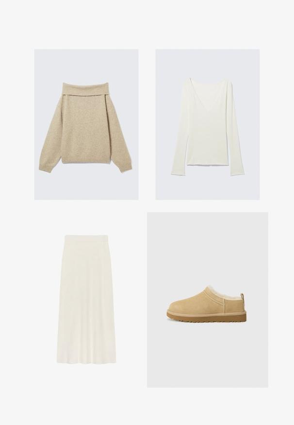 Pull beige décontracté à épaules nues fabriqué en tissu tricoté doux. Présente un large col côtelé et des épaules tombantes. Tissu texturé avec légère variation.; Haut blanc à manches longues ajustées avec un profond décolleté en V et des manches légèrement évasées, présenté sur un fond gris clair uni.; Une jupe crème, longueur genou, confectionnée dans un tissu doux, avec une texture lisse et une taille ajustée pour plus de confort.; Chaussure en daim à enfiler de couleur beige clair, dotée d'une douce doublure en fourrure et d'une semelle en caoutchouc texturé avec un léger talon et une sangle à l'arrière pour un enfilage facile.