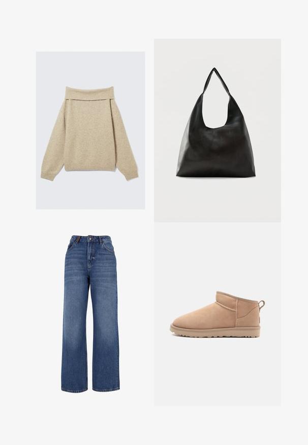 Beige off-shoulder trui gemaakt van zacht breimateriaal. Heeft een brede ribbelkraag en verlaagde schouders. Getextureerde stof met lichte variatie.; Wijdgesneden denim jeans van middelzware blauwe katoenstof. Bevat een klassieke vijf-pocket ontwerp en een ritssluiting met knoopsluiting.; Tan suède enkellaars met een afgeronde neus, zachte textuur, eenvoudig ontwerp en een laag profiel rubberen zool. Voorzien van een trekhaak aan de achterkant.; Zwarte schoudertas van glad leer met een brede, enkele band en een nonchalant, minimalistisch ontwerp tegen een effen achtergrond.