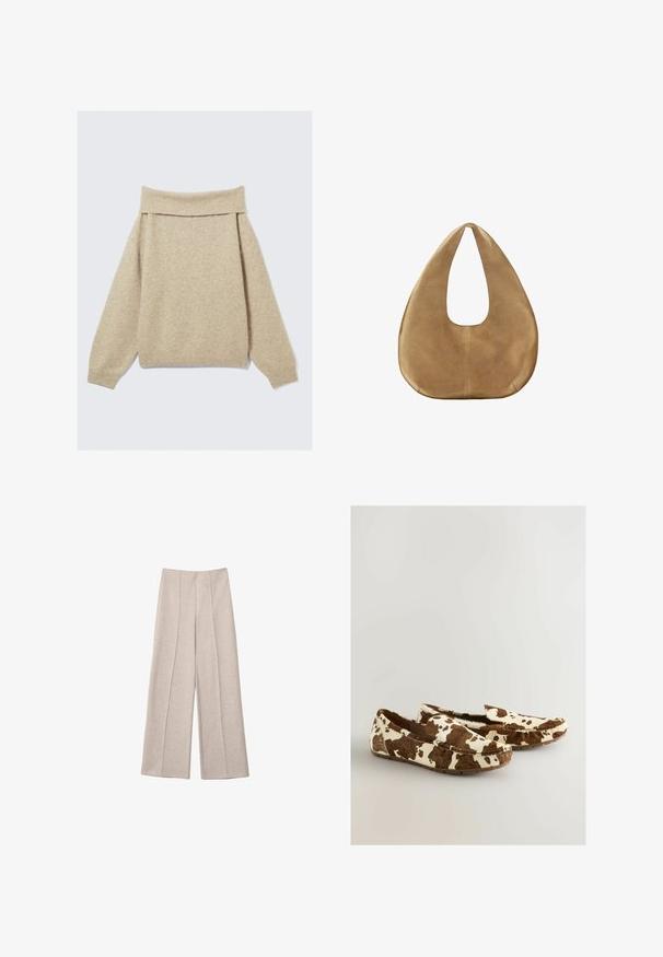 Pull beige décontracté à épaules nues fabriqué en tissu tricoté doux. Présente un large col côtelé et des épaules tombantes. Tissu texturé avec légère variation.; Pantalons larges beiges en tissu doux, avec des plis avant marqués et une taille haute cintrée, sans poches visibles.; Mocassins en imprimé vache faits d'un matériau doux avec un motif marron et blanc, dotés d'un design à enfiler et d'une semelle plate en caoutchouc.; Sac hobo en daim couleur camel avec un corps large et arrondi et une seule anse plate, présenté sur fond blanc uni.