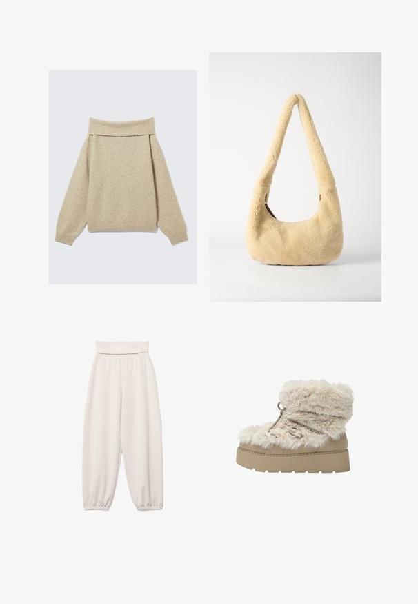 Pull beige décontracté à épaules nues fabriqué en tissu tricoté doux. Présente un large col côtelé et des épaules tombantes. Tissu texturé avec légère variation.; Pantalon ample couleur crème, taille haute, avec des poignets élastiques aux chevilles, confectionné dans un tissu doux et fluide, idéal pour un usage décontracté.; Botte d'hiver beige avec une semelle plateforme épaisse et une doublure en fausse fourrure douce, avec des lacets et un revers en fourrure.; Sac à épaule en shearling beige avec une poignée incurvée et une forme arrondie. La texture est douce et pelucheuse, avec des accents matériels minimaux.
