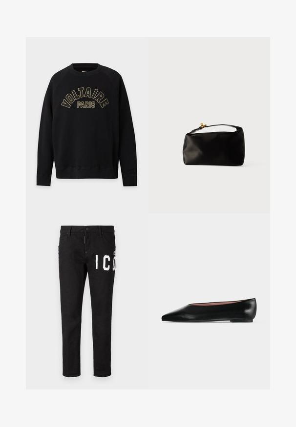 Sort langærmet sweatshirt med ribbede manchetter og kant, med gul omrisset tekst "VOLTAIRE PARIS" på fronten.; Sorte denim jeans med slim fit. Har hvid grafisk tekst på fronten, fem lommer og knaplukning. Glat tekstur.; Sort damesko i læder med flad hæl og spids tå, vist fra siden på en ensfarvet lys grå baggrund.; Sort satinpung med en afrundet form, et håndtag i toppen og en guldaccentlås. Glat tekstur med et minimalistisk design.