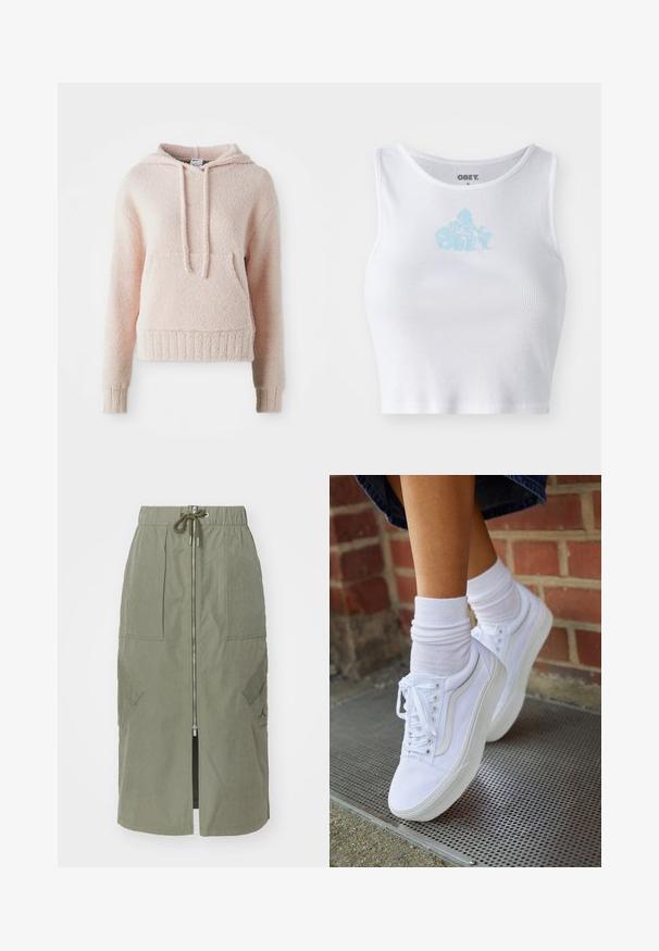 Lys pink, fleece hoodie med en front kangaroo lomme, snøre i hætten og ribbet kant og manchetter. Blød tekstur, cropped design.; Hvid ribbet crop top med rund halsudskæring og et lyseblåt "OBEY" logo centreret på brystet. Glat tekstur og tætsiddende design.; Oliven grøn midi-skjørt lavet af letvægtsstof, med en front lynlås, elastisk talje og store sidelommer med vinkelformede klapper.; Hvide lærreds sneakers med gummisåler, der har seks snørehuller, rund tå og let sømdetaljer, krydret med hvide ankelstrømper.
