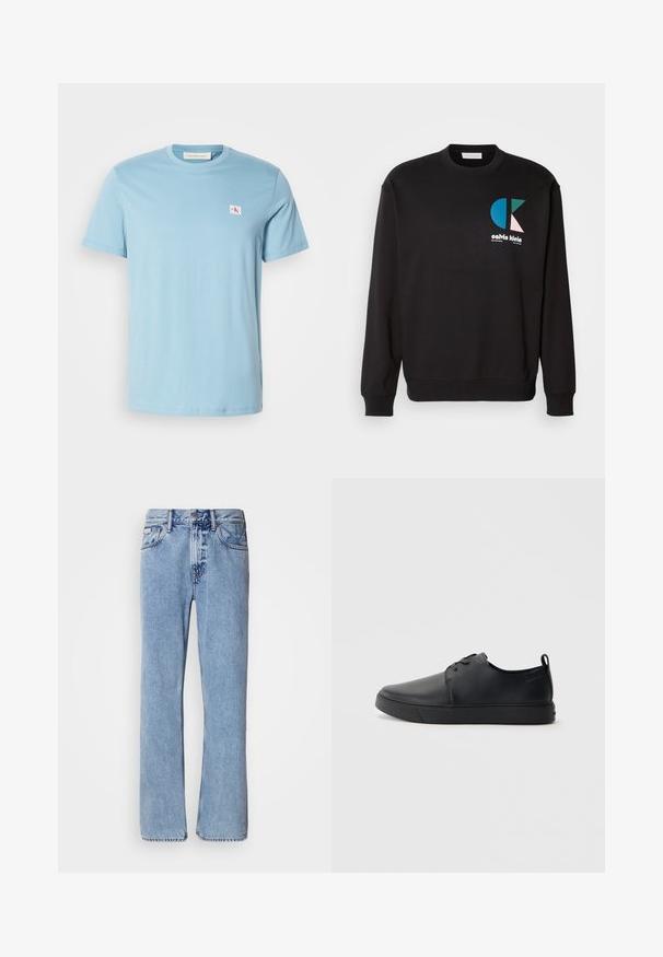 Schwarzes Sweatshirt mit Rundhalsausschnitt und langen Ärmeln, mit einem bunten CK-Logo in Blau, Grün und Pink auf der Vorderseite. Glatte Textur.; Helles blaues Baumwoll-T-Shirt mit kurzen Ärmeln, rundem Halsausschnitt und kleinem Logopatch auf der linken Brust. Glatte Textur und schlichte Gestaltung.; Hellblaue Jeans aus Denim mit geradem Bein, fünf Taschen und Knopfverschluss. Nähte in der Nähe der Taschen und des Bundes.; Schwarze Leder-Sneaker mit glatter Oberfläche, abgerundeter Zehenpartie, gleichfarbiger Nähte, schnürbarem Vorderteil und flacher Gummisohle. Schlaufe an der Ferse.