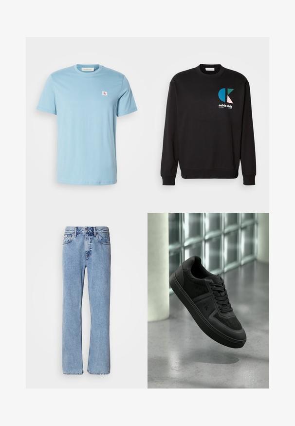 Sort sweatshirt med rund hals og lange ærmer, der har et farverigt CK-logo i blå, grøn og pink på fronten. Glat tekstur.; Lysblå bomulds T-shirt med korte ærmer, rund halsudskæring og lille logo patch på venstre bryst. Glat tekstur og simplistisk design.; Lyseblå denimjeans med lige ben design, fem lommer og knaplukning. Syninger nær lommer og talje.; Sort lavtop-sneaker med teksturerede paneler, snørebånd og "ck"-logo på siden, svævende over en poleret beton-gulv nær glasblokke.