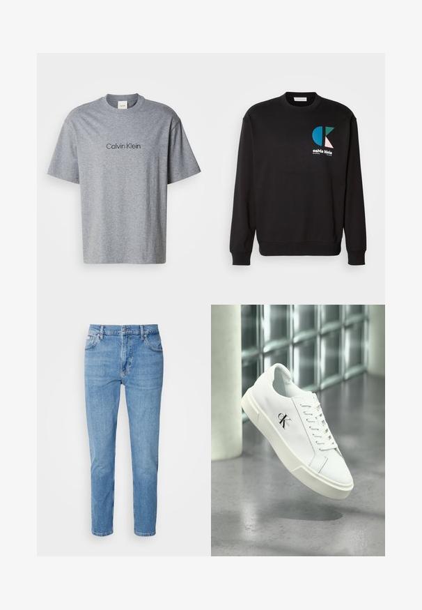 Zwarte sweatshirt met ronde hals en lange mouwen, voorzien van een kleurrijk CK-logo in blauw, groen en roze op de voorkant. Gladde textuur.; Grijze katoenen t-shirt met korte mouwen, ronde halslijn en een geprinte "Calvin Klein" logo in een donkerdere tint over de borst.; Lichtblauwe denim jeans met een rechte pasvorm, vijf zakken en subtiele vervaging. Voorzien van een knoopsluiting en riemlussen.; Witte Calvin Klein sneaker met veters, zwevend getoond boven een gepolijste betonnen vloer en een achtergrond van glasblokken.