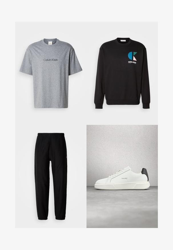 Schwarzes Sweatshirt mit Rundhalsausschnitt und langen Ärmeln, mit einem bunten CK-Logo in Blau, Grün und Pink auf der Vorderseite. Glatte Textur.; Graues Baumwoll-T-Shirt mit kurzen Ärmeln, rundem Ausschnitt und einem aufgedruckten "Calvin Klein"-Logo in einer dunkleren Farbe über der Brust.; Schwarze Jogginghosen mit elastischem Bund, schmal zulaufenden Beinen und Bündchen. Glatte Stoffoberfläche. Logodetail an der Seite.; Weiße Sneaker mit glattem Lederobermaterial, flachen Schnürsenkeln und erhöhter weißer Sohle. Verfügen über einen schwarzen Akzent an der Ferse und ein geprägtes Logo.