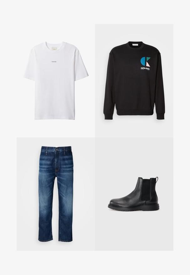 Sort sweatshirt med rund hals og lange ærmer, der har et farverigt CK-logo i blå, grøn og pink på fronten. Glat tekstur.; Hvid bomuld t-shirt med rund hals og korte ærmer. Har en lille sort "Calvin Klein"-logo centreret på brystet.; Mørkeblå lige ben denim jeans med diskret falmning på lårene og en knaplukning ved taljen, præsenteret på en hvid baggrund.; Sorte læder chelsea støvler med tekstureret finish, elastiske sidepaneler og en robust gummisål. Subtil branding på hælen.
