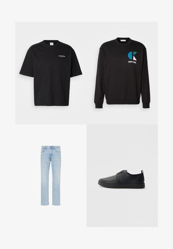 Schwarzes Sweatshirt mit Rundhalsausschnitt und langen Ärmeln, mit einem bunten CK-Logo in Blau, Grün und Pink auf der Vorderseite. Glatte Textur.; Schwarzes Baumwoll-T-Shirt mit lockerer Passform, kurzen Ärmeln und einem weißen Calvin Klein-Logo auf der Brust gedruckt. Glatte Textur, Rundhalsausschnitt.; Hellblaue Straight-Leg-Jeans aus Denim mit vorderem Knopf, Reißverschluss und Fünf-Taschen-Design, gezeigt auf weißem Hintergrund.; Schwarze Leder-Sneaker mit glatter Oberfläche, abgerundeter Zehenpartie, gleichfarbiger Nähte, schnürbarem Vorderteil und flacher Gummisohle. Schlaufe an der Ferse.