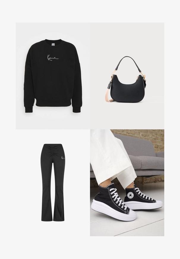 Sudadera negra de algodón con cuello redondo y mangas largas. Presenta texto bordado en blanco en la parte delantera. Diseño sencillo y minimalista.; Pantalones negros de campana con cintura fruncida, hechos de una tela suave y elástica. Presenta un pequeño logotipo blanco en el lado izquierdo.; Zapatillas altas negras con suelas de goma blancas y cordones blancos. Presentan un parche redondo con logo y costuras blancas contrastantes. Material de lona.; Bolso de mano negro en forma de media luna con una correa corta y una correa de hombro beige desmontable, con herrajes en tono dorado y cierre de cremallera.