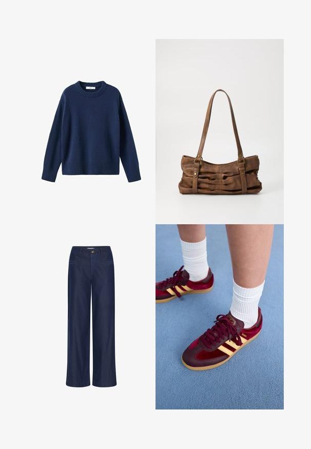 Donkerblauwe gebreide trui met een geribde ronde hals, lange mouwen en geribde zoom. Zachte textuur, casual ontwerp en ontspannen pasvorm.; ICHI IHFlared - Flared Jeans - dark blue; Bordeaux suède en leren sneakers met gele strepen en een gumzool. Witte geribbelde sokken zichtbaar boven de enkel, neergezet op een blauwe gestructureerde ondergrond.; Even&Odd Handtas - brown