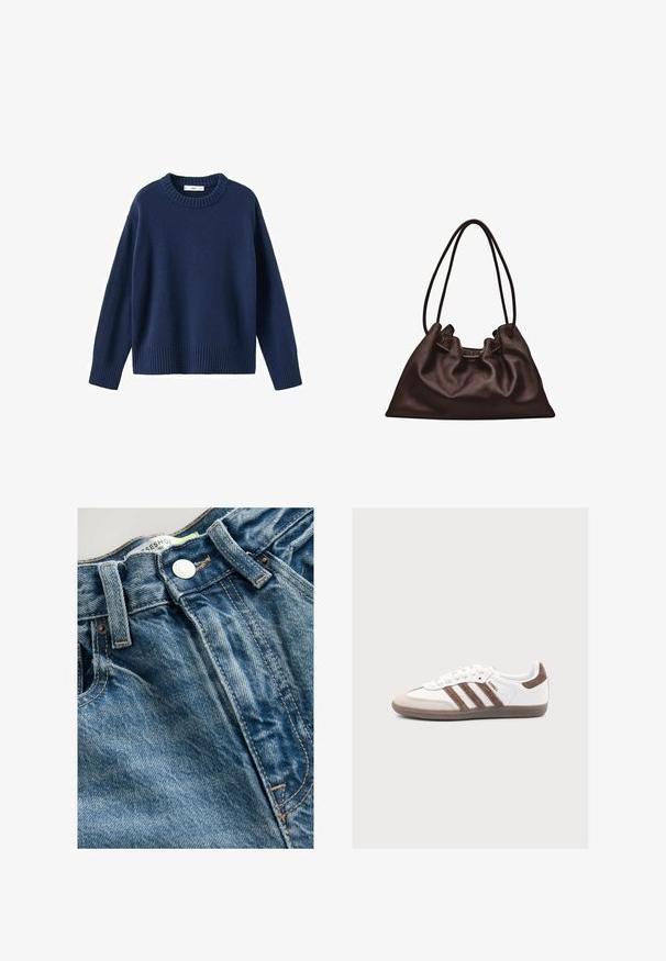 Marineblå strikket sweater med ribbet rund halsudskæring, lange ærmer og ribbet kant. Blød tekstur, afslappet design og rummelig pasform.; Denimjeans har en lys blå farve med whiskeringdetaljer. Linningen inkluderer en metalknap og synlige sømme langs sømmene.; Hvid Adidas Samba sneaker med brune ruskindstriber og hælflap, beige tåhætte og gummisål på ensfarvet baggrund.; Blød mørkebrun læderhåndtaske med en slasket form og to tynde skulderstropper mod en hvid baggrund.