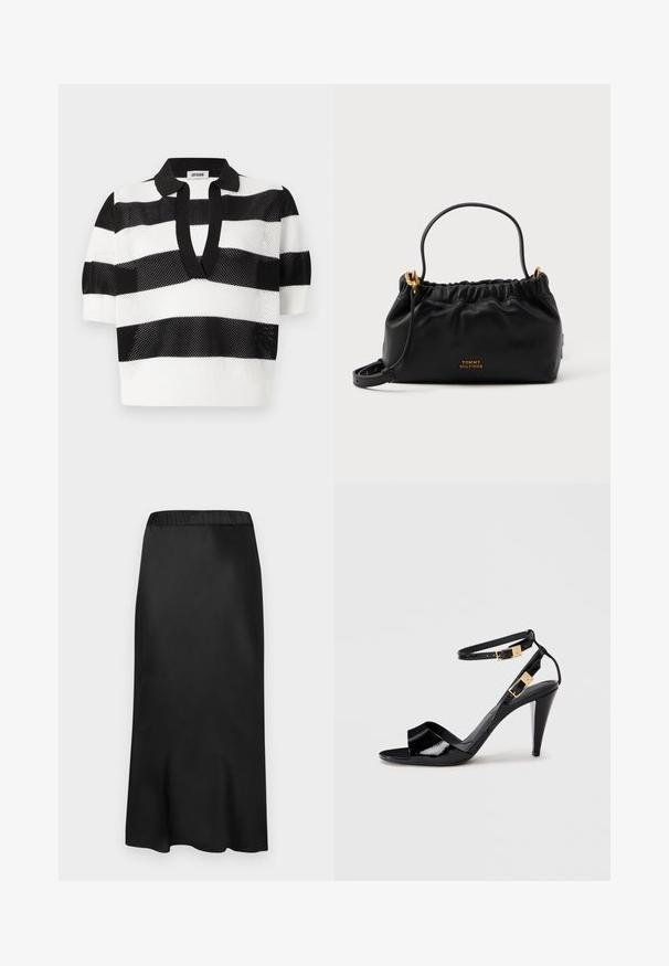 Polo en tricot à rayures noires et blanches avec des manches courtes, présentant une texture en maille et un col noir contrastant.; Jupe midi noire en satin avec une taille élastique. Texture lisse et design sobre, se rétrécissant légèrement à l'ourlet pour une silhouette fluide.; Sandale à talon haut en cuir verni noir avec double bride de cheville et boucles dorées, bout ouvert, et talon effilé sur fond neutre.; Sac à main en cuir noir avec un haut froncé, une courte poignée et une bandoulière amovible. Présente un accent logo en or et une texture lisse.