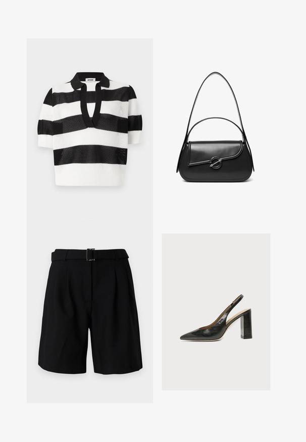 Sort- og hvidstribet strikket polo skjorte med korte ærmer, der har en mesh-struktur og en kontrasterende sort krave.; Sorte skræddersyede shorts med en glat tekstur, der har en bred talje og en metal spænde detalje. Struktureret design og plisseret front.; Sort læder kvindesko med slingback, spids tå og tyk blokhøj hæl på hvid baggrund.; Sort skuldertaske i læder med en buet klap, der er fastgjort med en rund metal spænde, og en slank, justerbar rem.