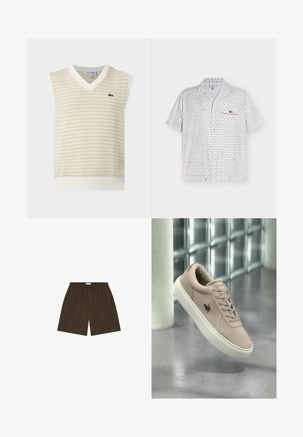 Gilet sans manches en maille beige et blanche avec col en V et petit logo crocodile vert sur la poitrine.; Chemise blanche à manches courtes avec un petit motif beige, une poche poitrine et un logo crocodile Lacoste marron sur la poche.; Shorts décontractés marron avec taille élastique, poches latérales et logo discret de la marque près de l'ourlet sur la jambe droite.; Baskets en daim beige clair avec semelle blanche, design à lacets et logo oiseau noir sur le côté, présentées devant un fond moderne en blocs de verre.